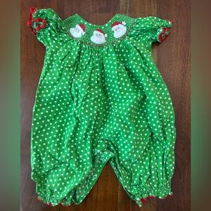 Green Polka Dot Baby Romper with Smocked Santa Detail